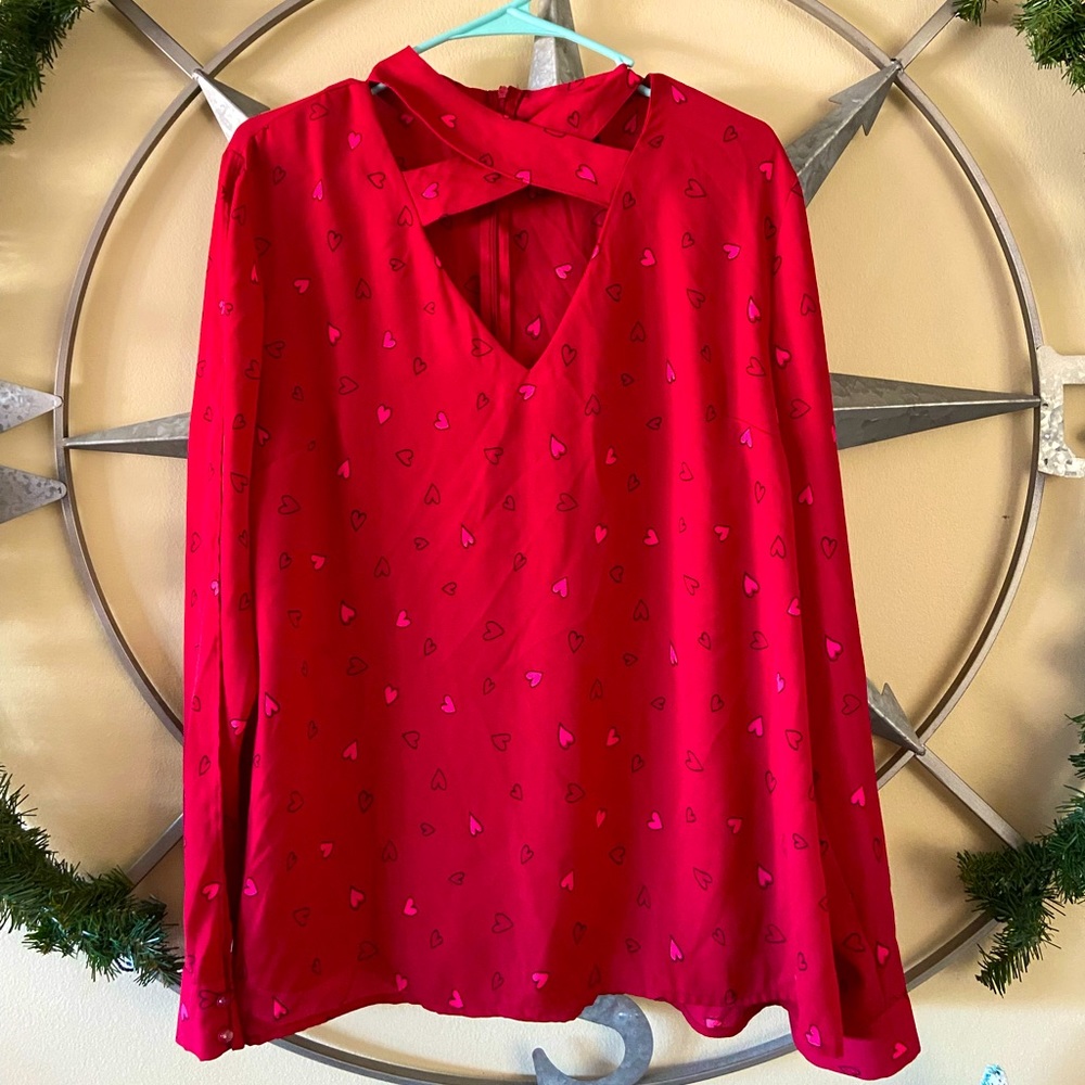 Red with Pink Heart Pattern Long Sleeve Shirt
